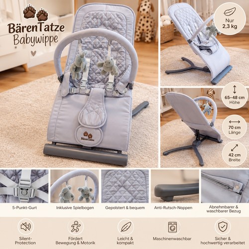 Bärentatze babywippe grau mit - bärentatze,